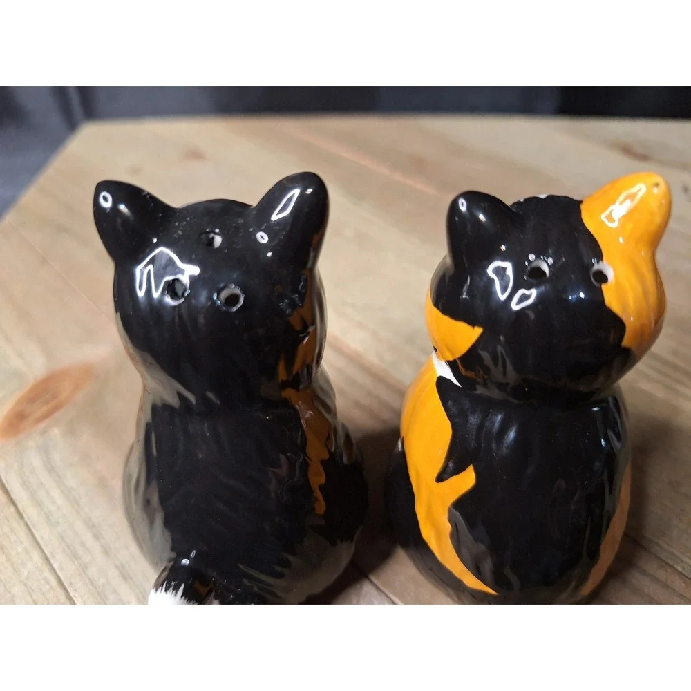 Tuxedo and Calico Cat Ceramic Salt and Pepper Shakers Set Black White Orange